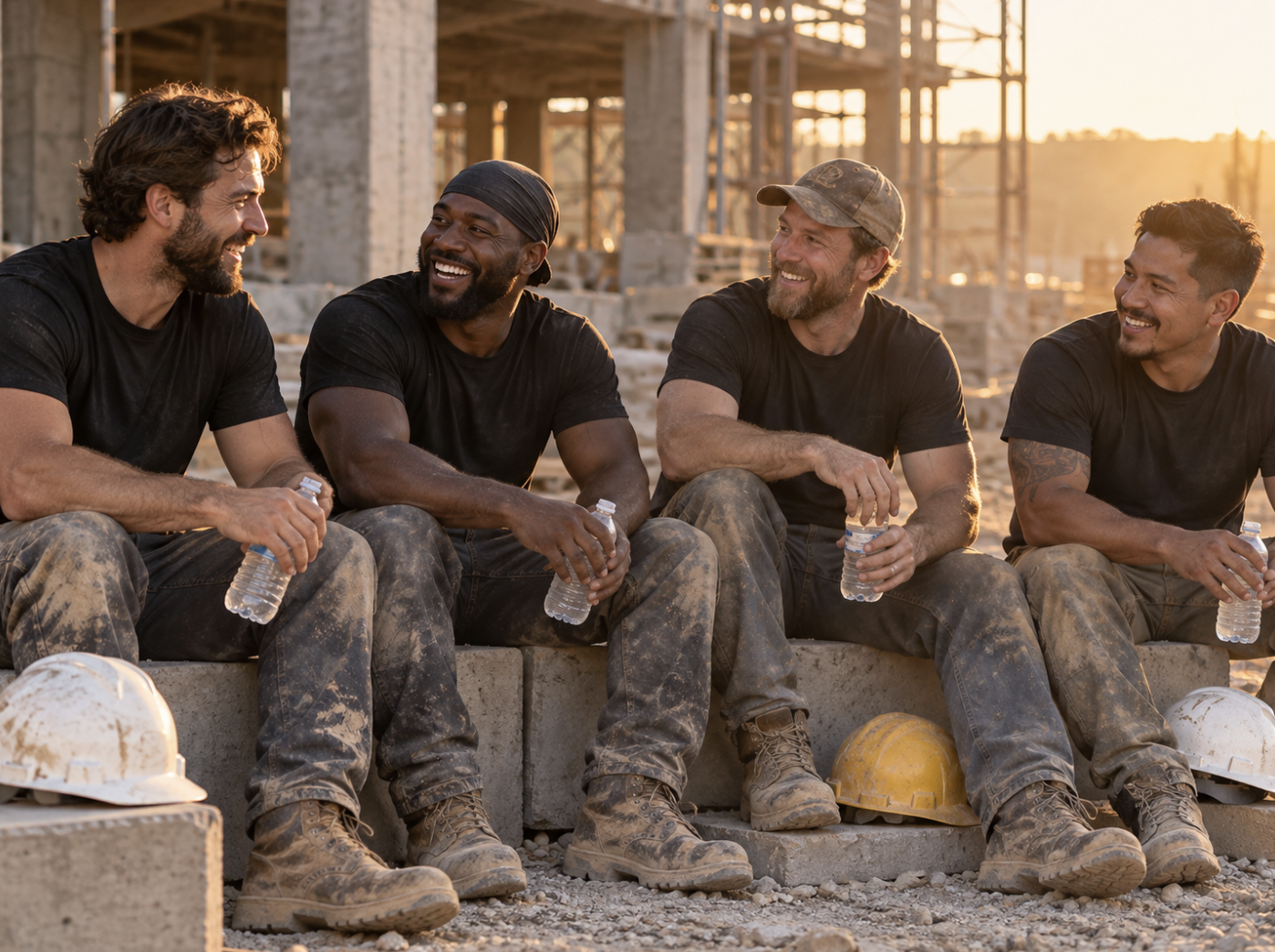 Construction crew on a break wearing black tees on site
