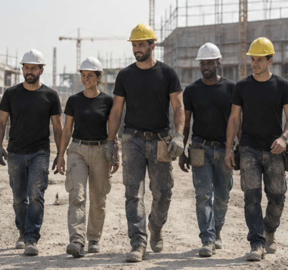 Construction crew walking a job site wearing black tees