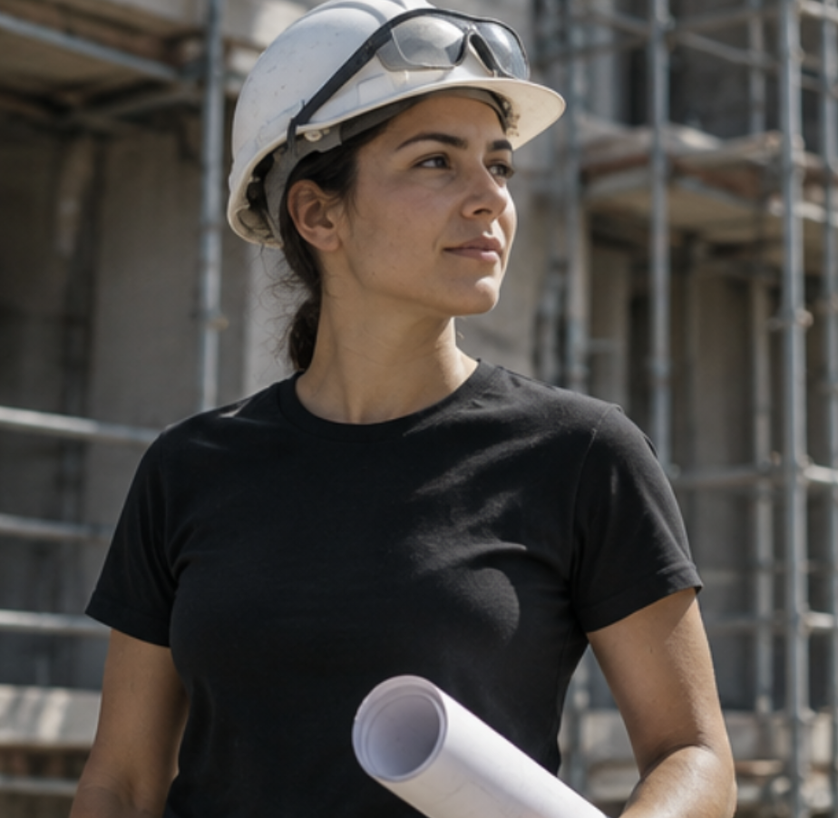 Site engineer in a black tee holding plans on a construction site